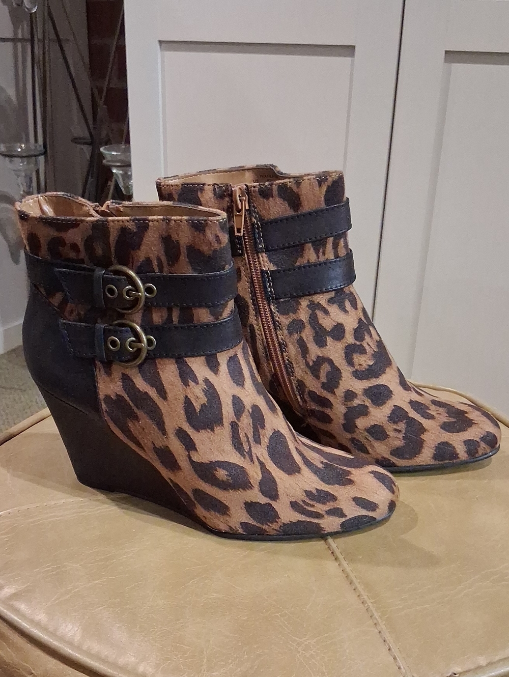 Jaclyn Smith Leopard Print Wedge Ankle Boots - Women